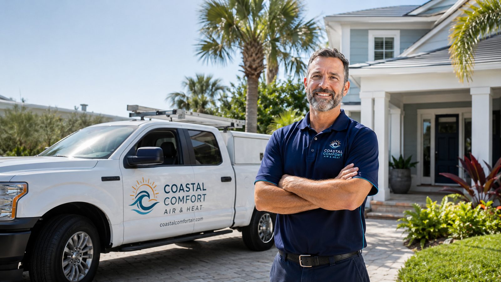 Coastal Comfort technician with branded service truck