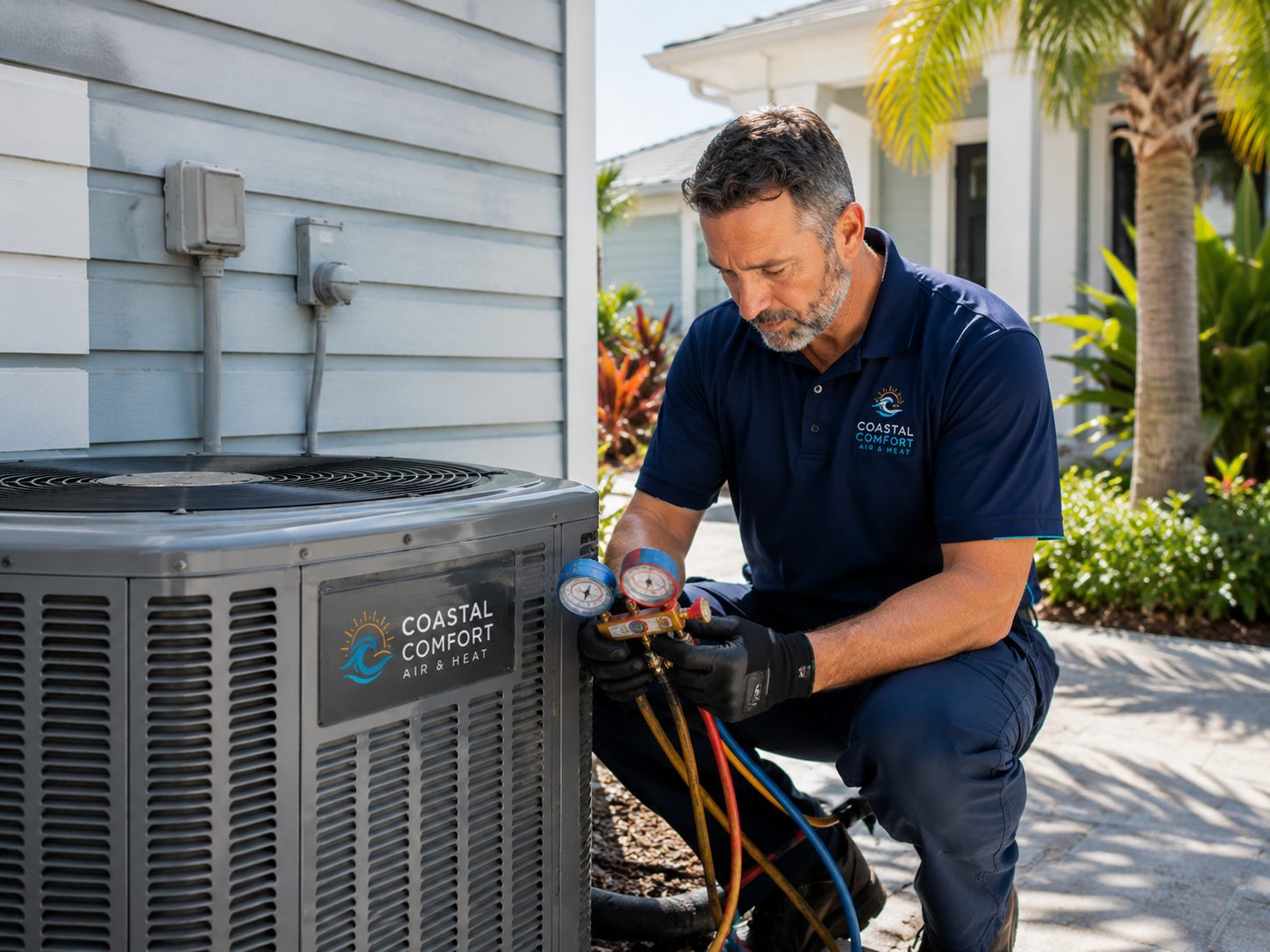 Coastal Comfort technician diagnosing an outdoor AC unit