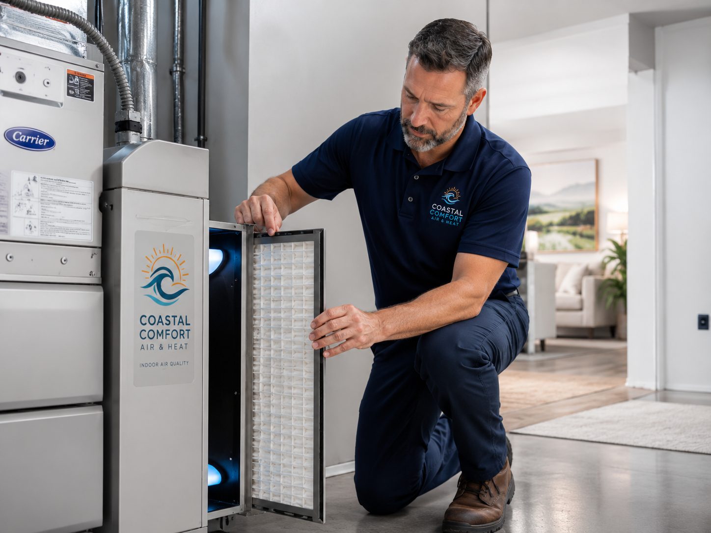 Coastal Comfort technician replacing an air filter