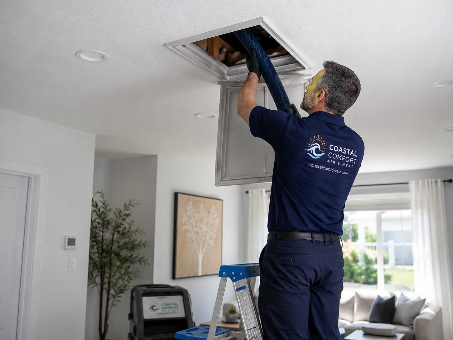 Coastal Comfort technician servicing attic ductwork