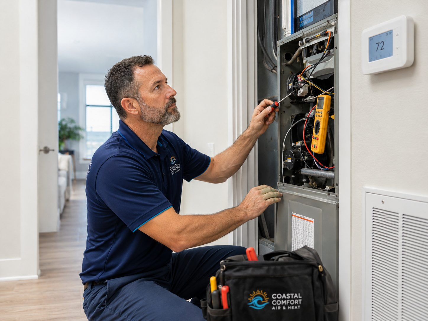 Coastal Comfort technician repairing a furnace