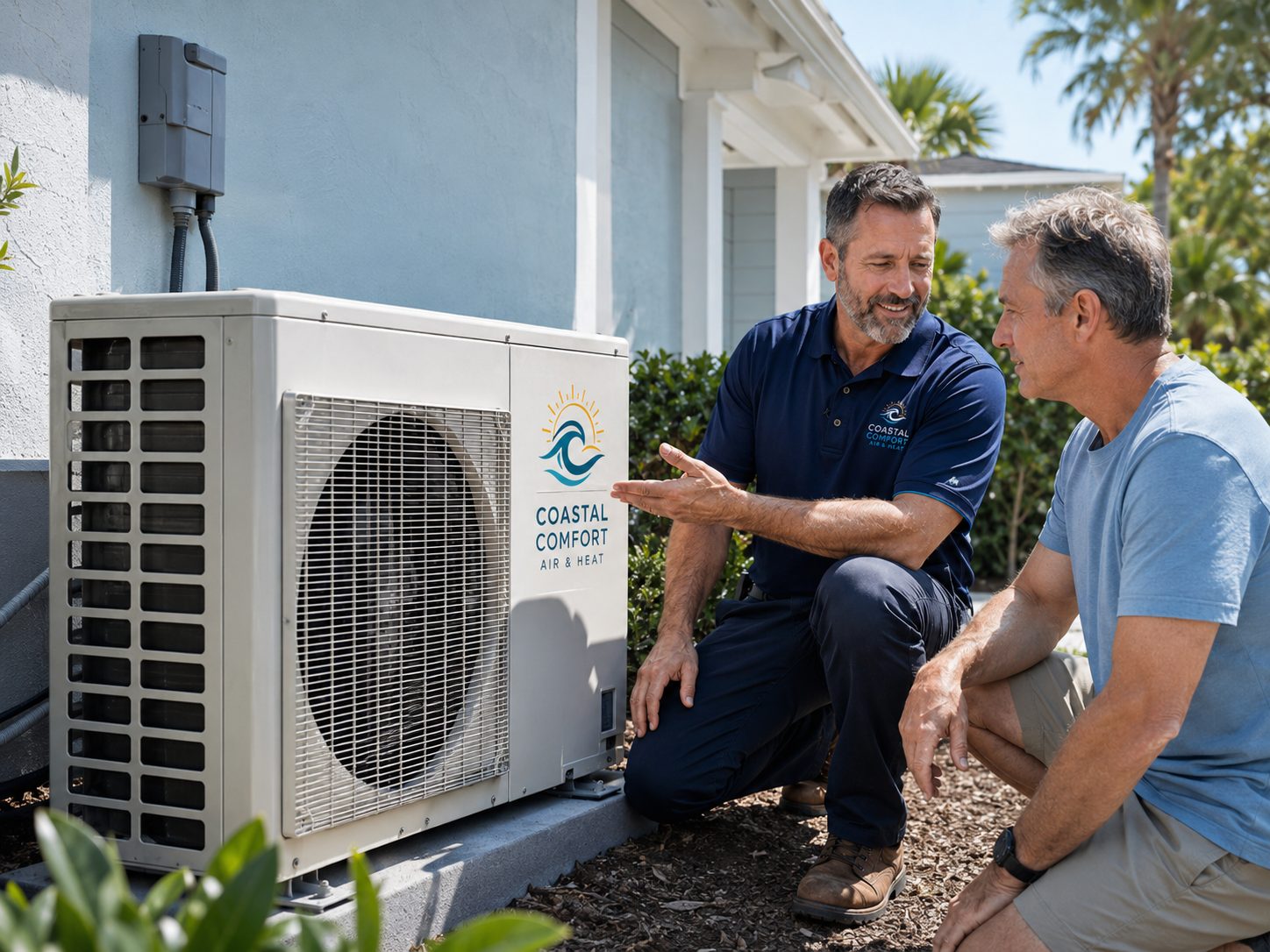 Coastal Comfort technician reviewing a heat pump with a homeowner