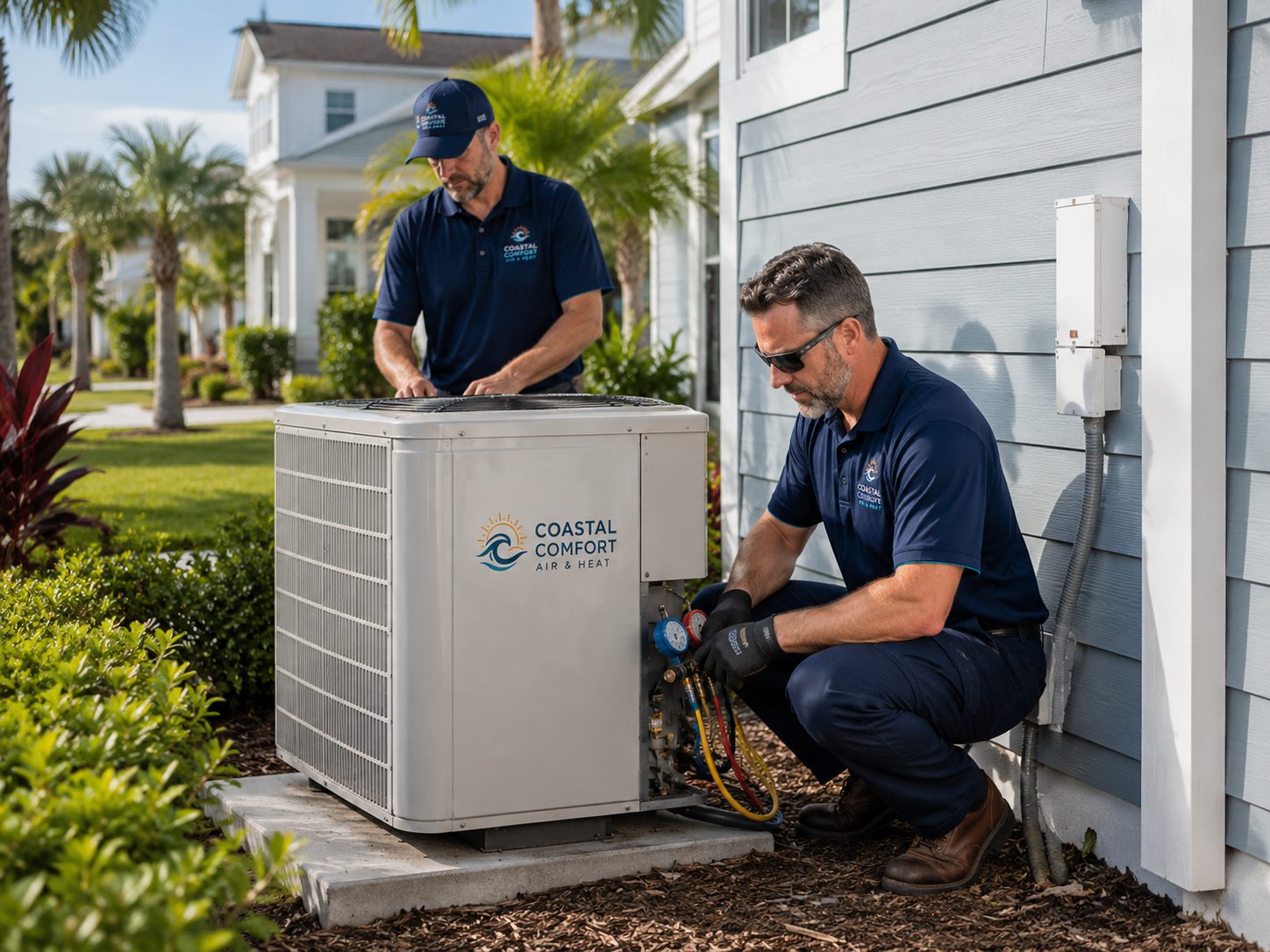 Coastal Comfort technicians installing a new outdoor unit